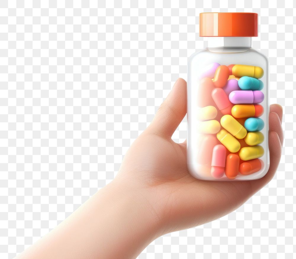 PNG  A hand holding a medicine bottle filled with colorful medicine capsules pill white background confectionery. AI…