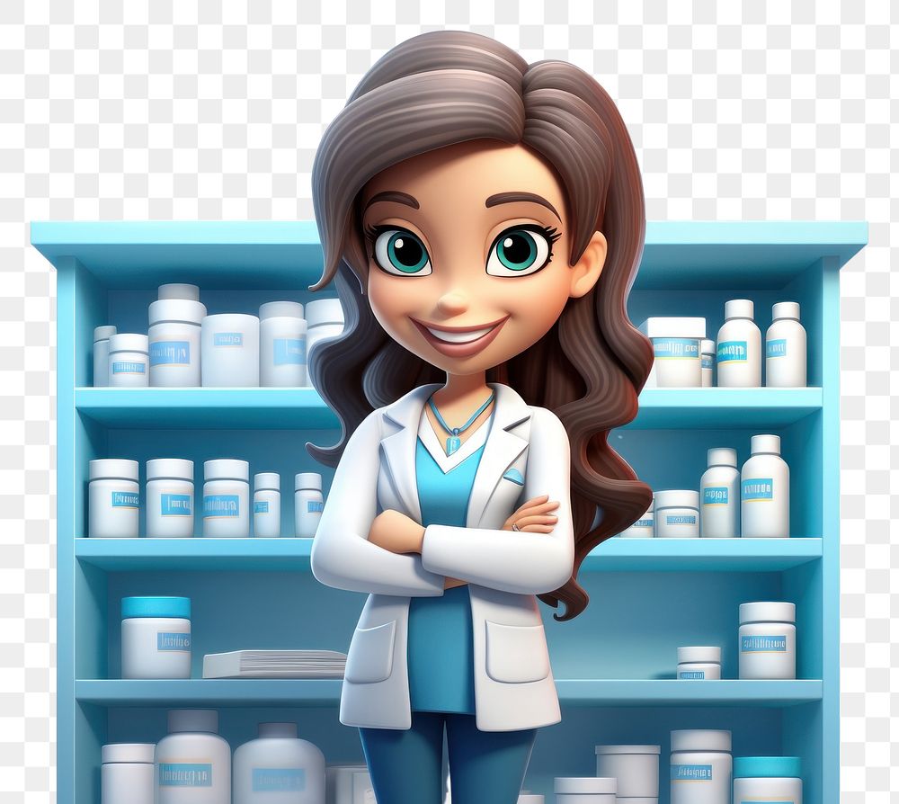 PNG  A smiling female pharmacist pharmacy cartoon shelf. AI generated Image by rawpixel.