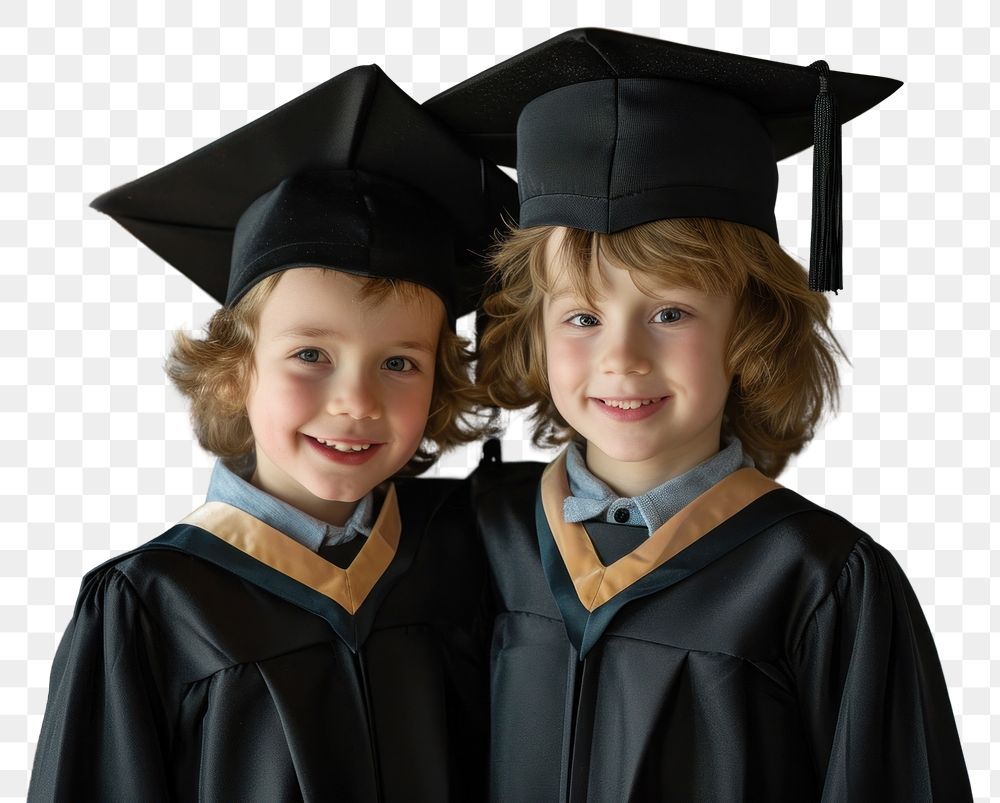 PNG  Kids wearing graduation gown and hat portrait intelligence togetherness.