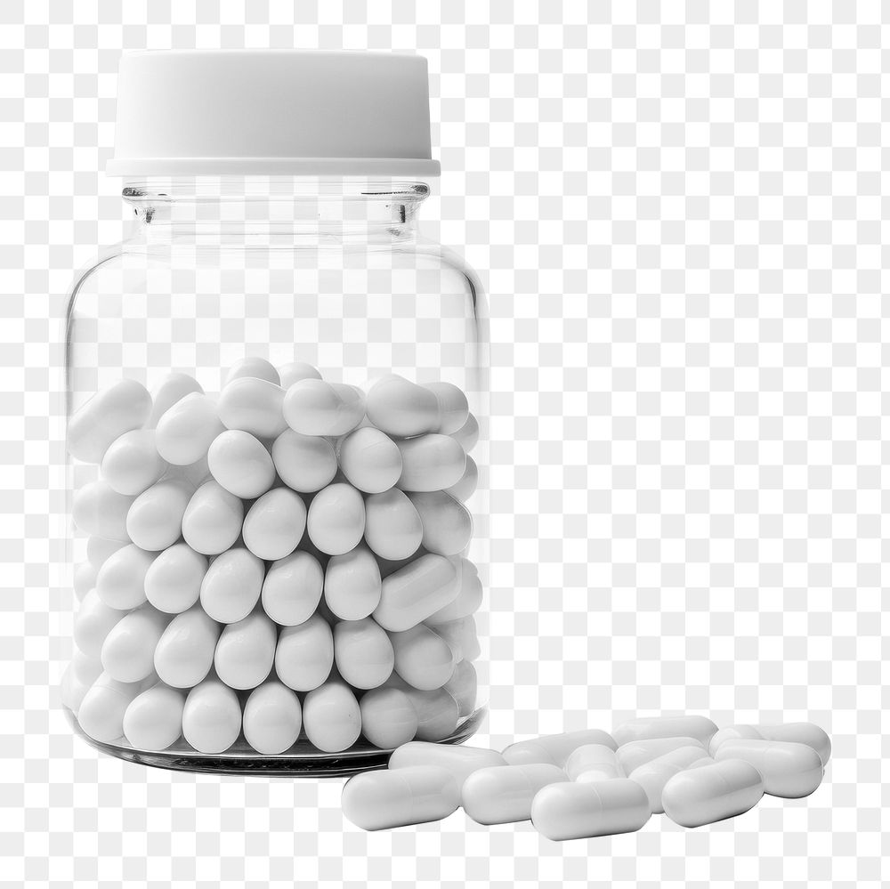 PNG  A medicine bottle filled with white medicine capsules pill white background medication. AI generated Image by rawpixel.