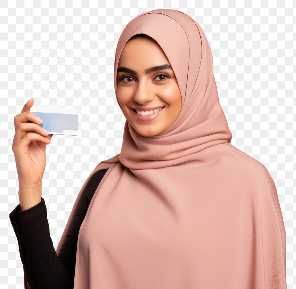 PNG  Smiling holding hijab pink.