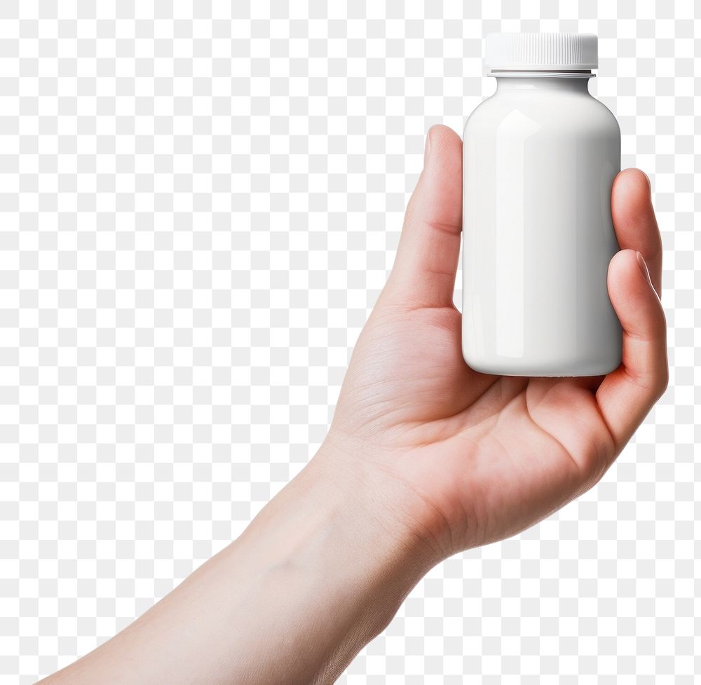 PNG  A hand holding a supplement bottle white background refreshment drinkware. AI generated Image by rawpixel.