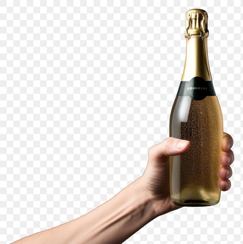 PNG  Hand holding champagne bottle drink wine refreshment.