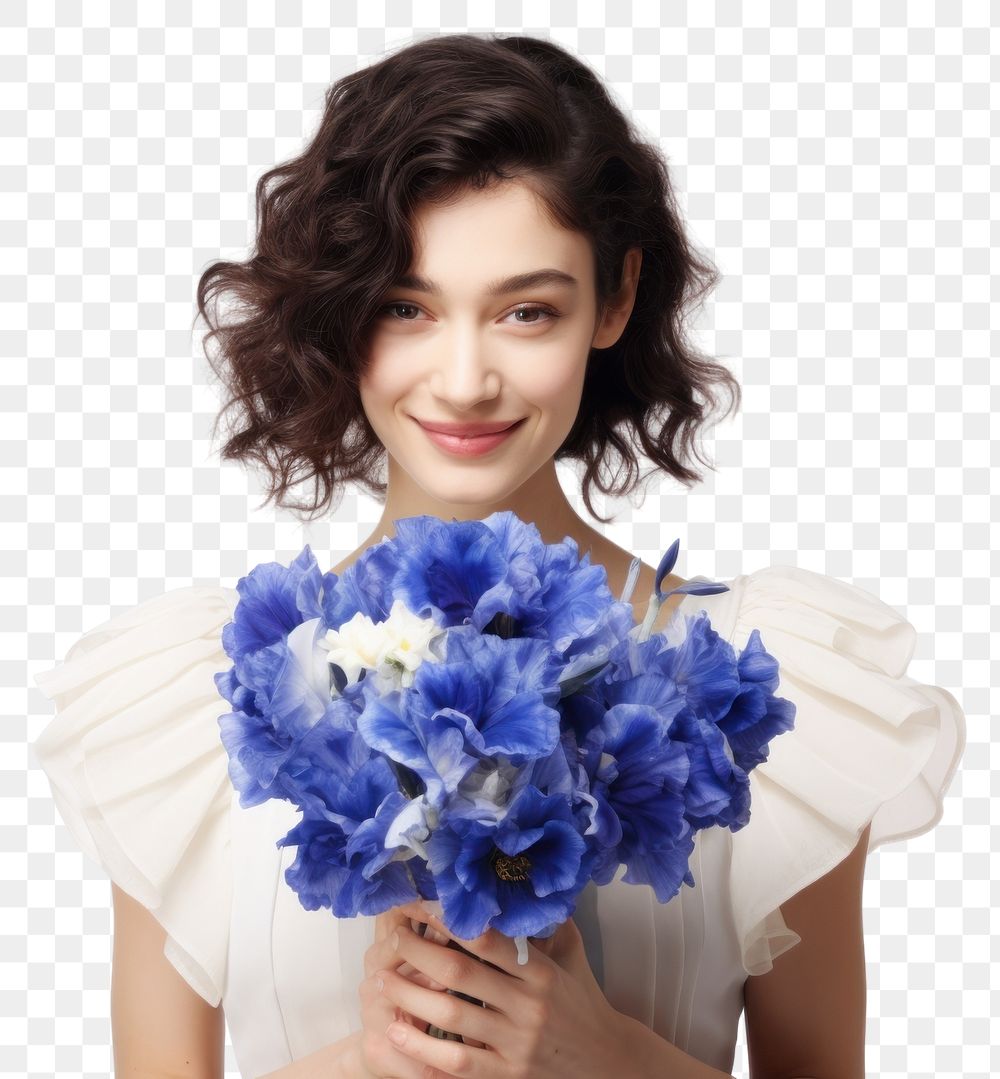 PNG Happy bride holding a blue iris flower bouquet portrait smile white.