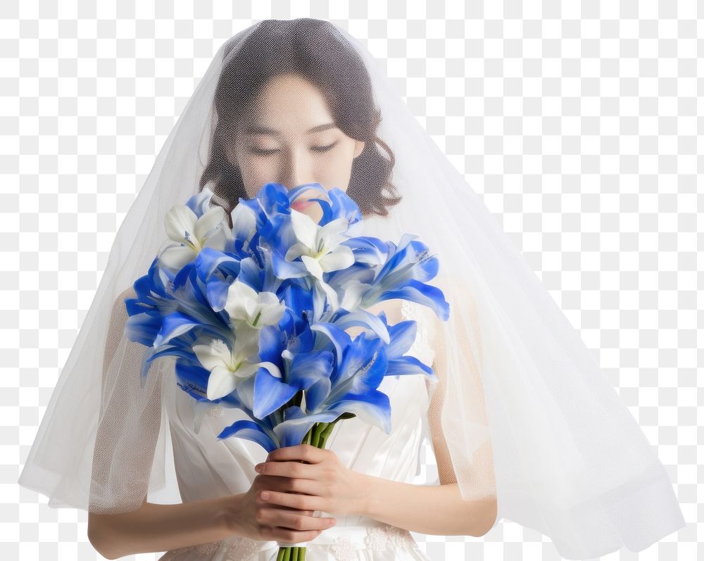PNG Happy bride holding a blue iris flower bouquet portrait fashion wedding.
