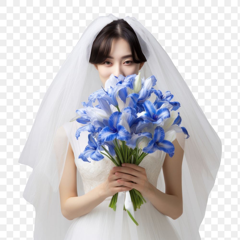 PNG Happy bride holding a blue iris flower bouquet portrait fashion wedding.