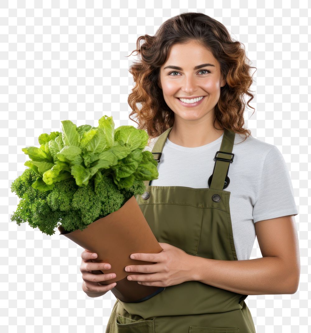 PNG A happy female gardener crossing her arms plant food white background.