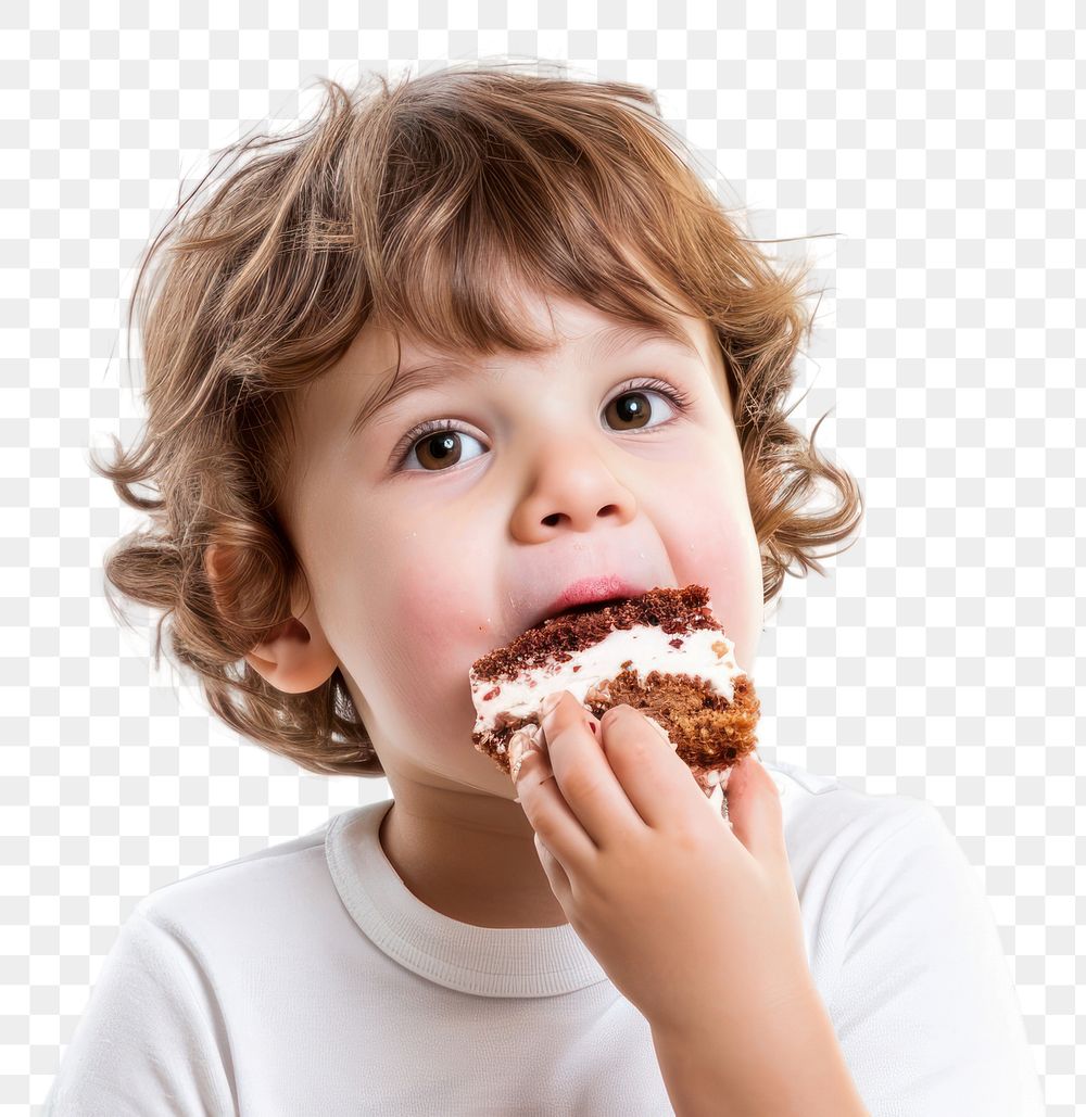 PNG Kid eating cake biting baby food.