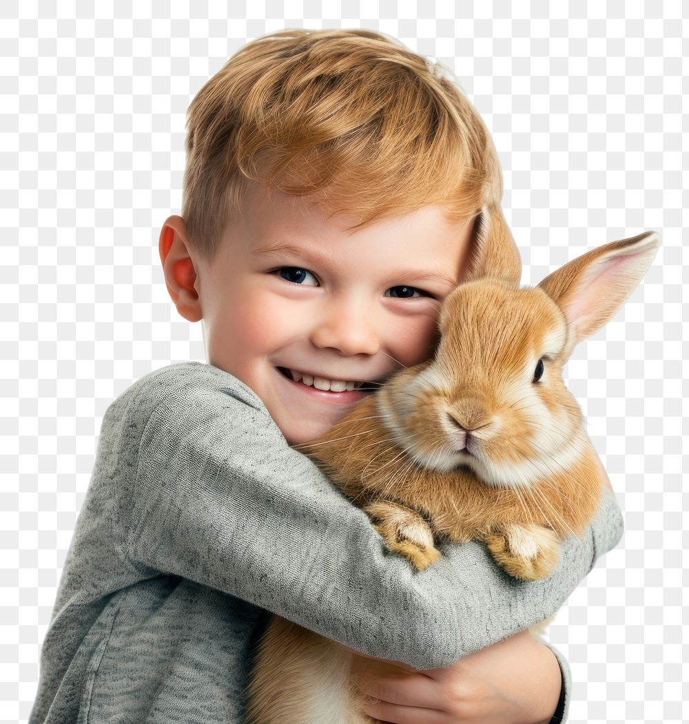 PNG A young boy hugging a rabbit portrait mammal animal.