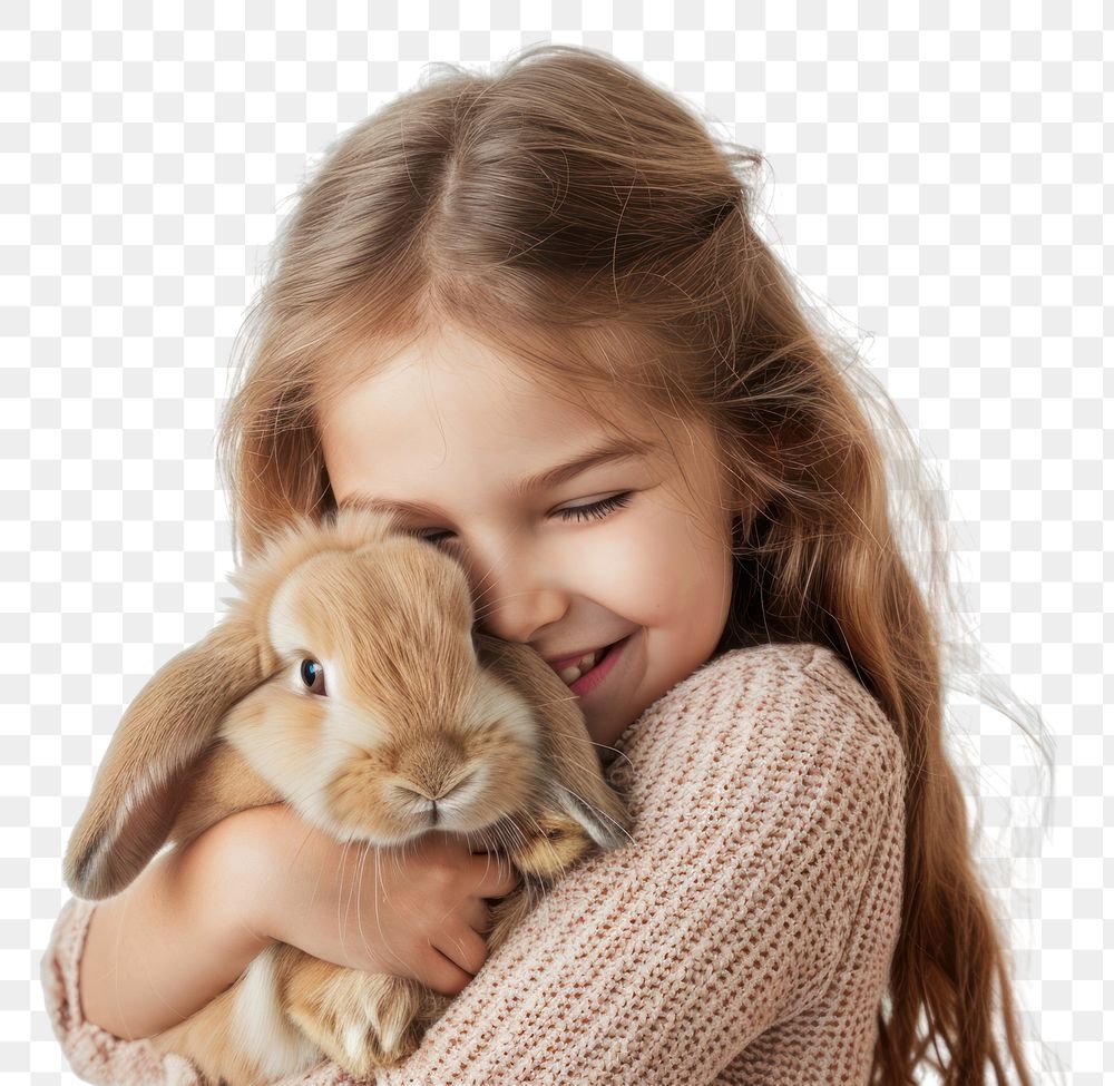 PNG A young girl hugging a rabbit mammal animal child.