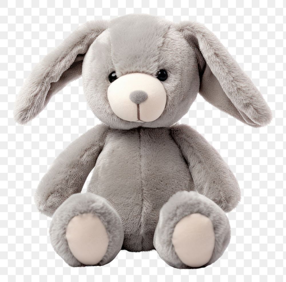 PNG  Grey bunny plush toy white background representation.
