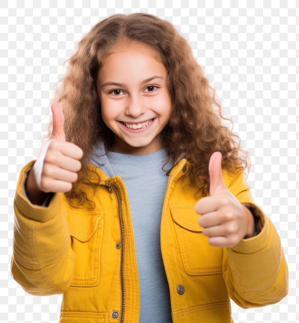 PNG  Teenager girl jacket finger smile.