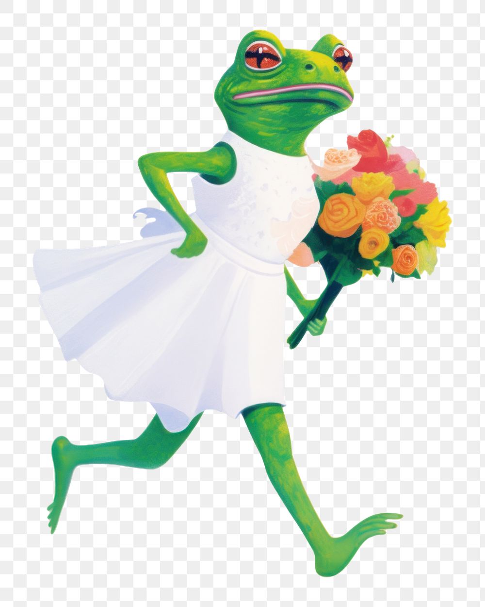 PNG  A cartoon bride Frog wear wedding dress and high-heels shoes holding a bunch of flowers amphibian painting animal. AI…