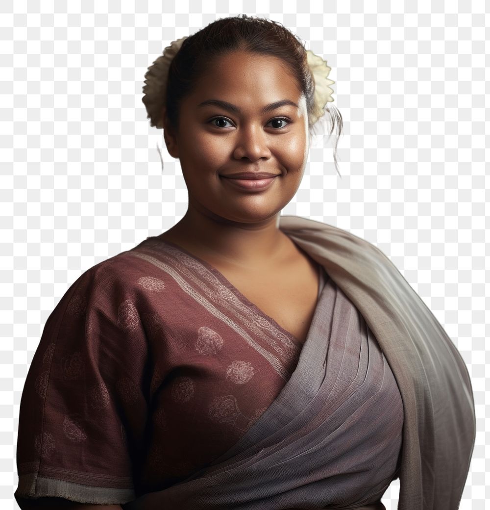 PNG  A chubby Tonga woman in traditional cloth portrait adult smile.