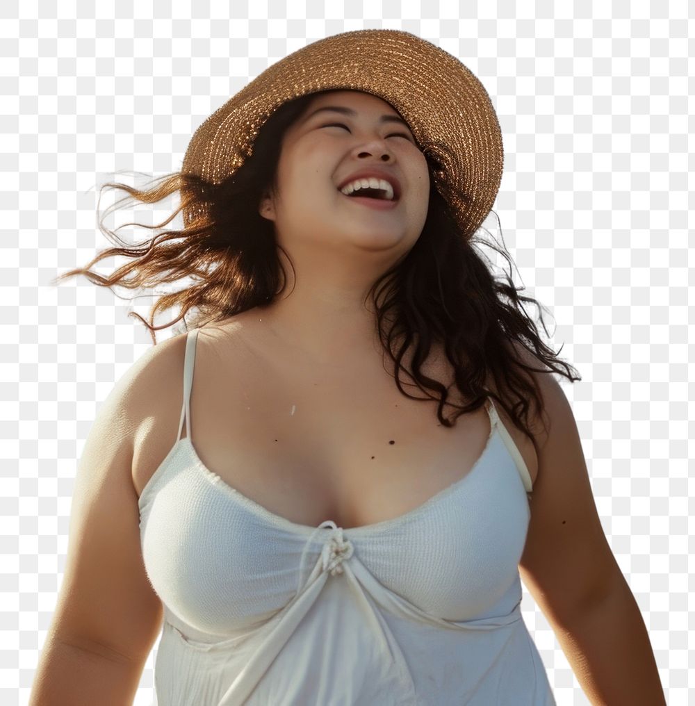PNG  Chubby Pacific Islander woman walk on the beach outdoors laughing portrait.
