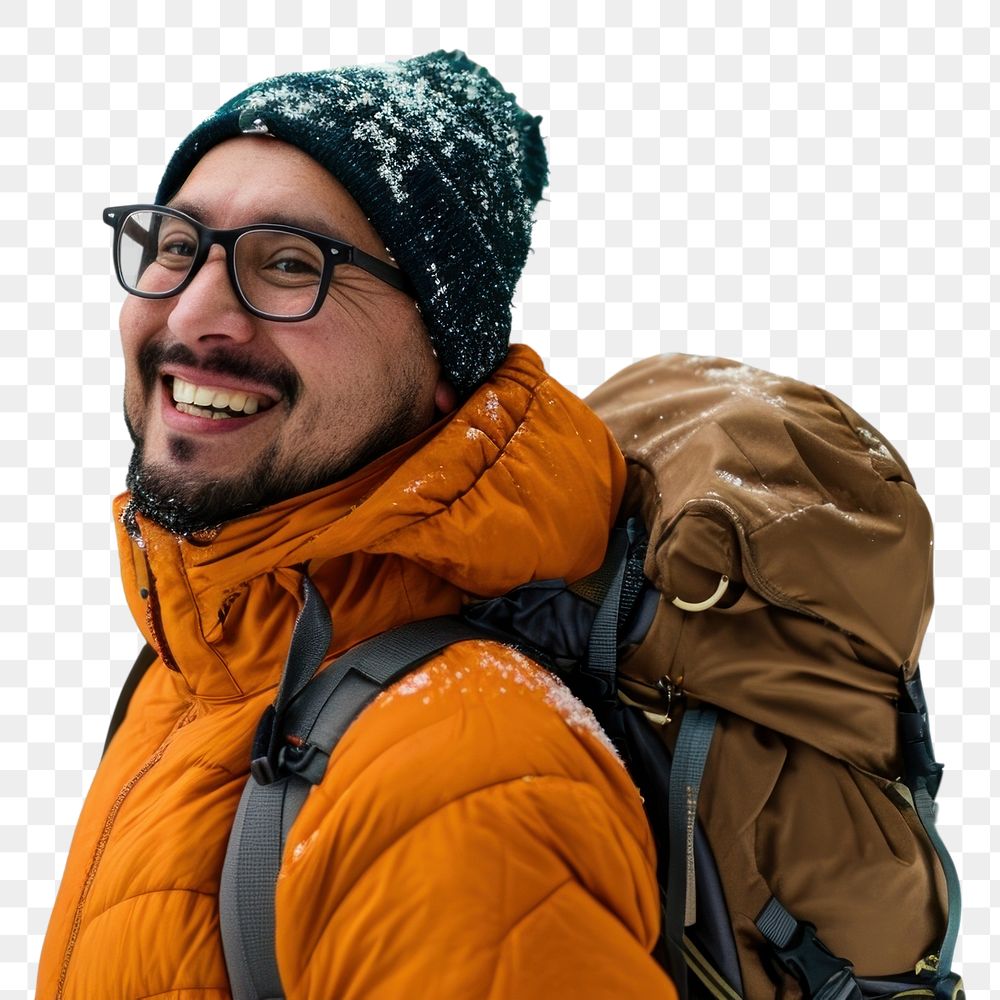 PNG  Hispanic man outdoors jacket hiking.