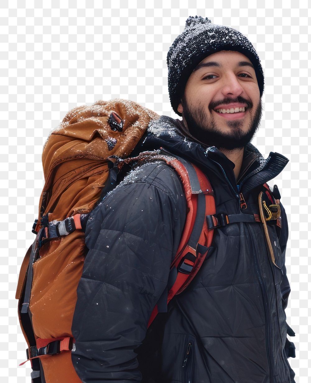 PNG  Latino man outdoors jacket hiking.
