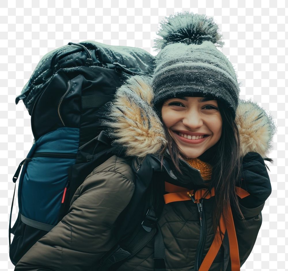 PNG  Latina woman backpack outdoors travel.