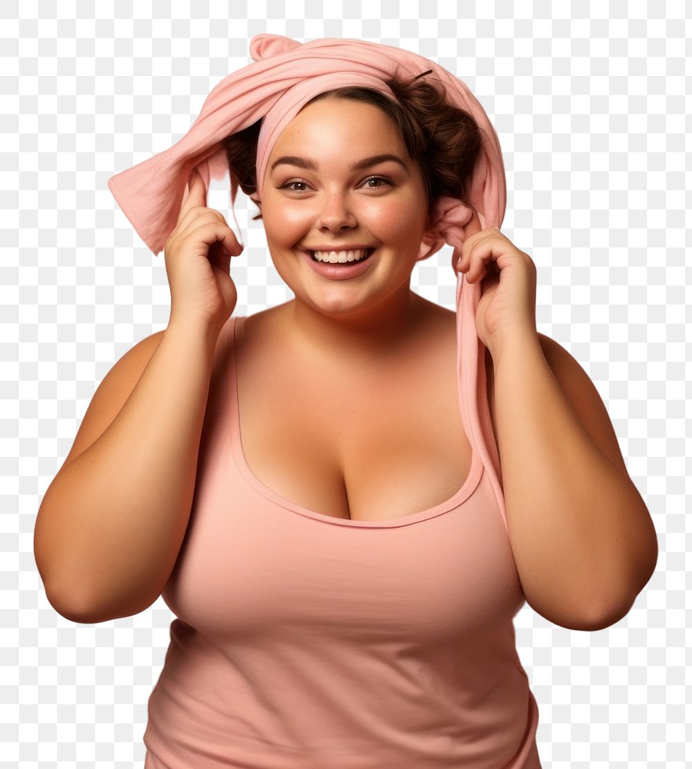PNG Chubby woman tie her hair with band portrait smile laughing. AI generated Image by rawpixel.