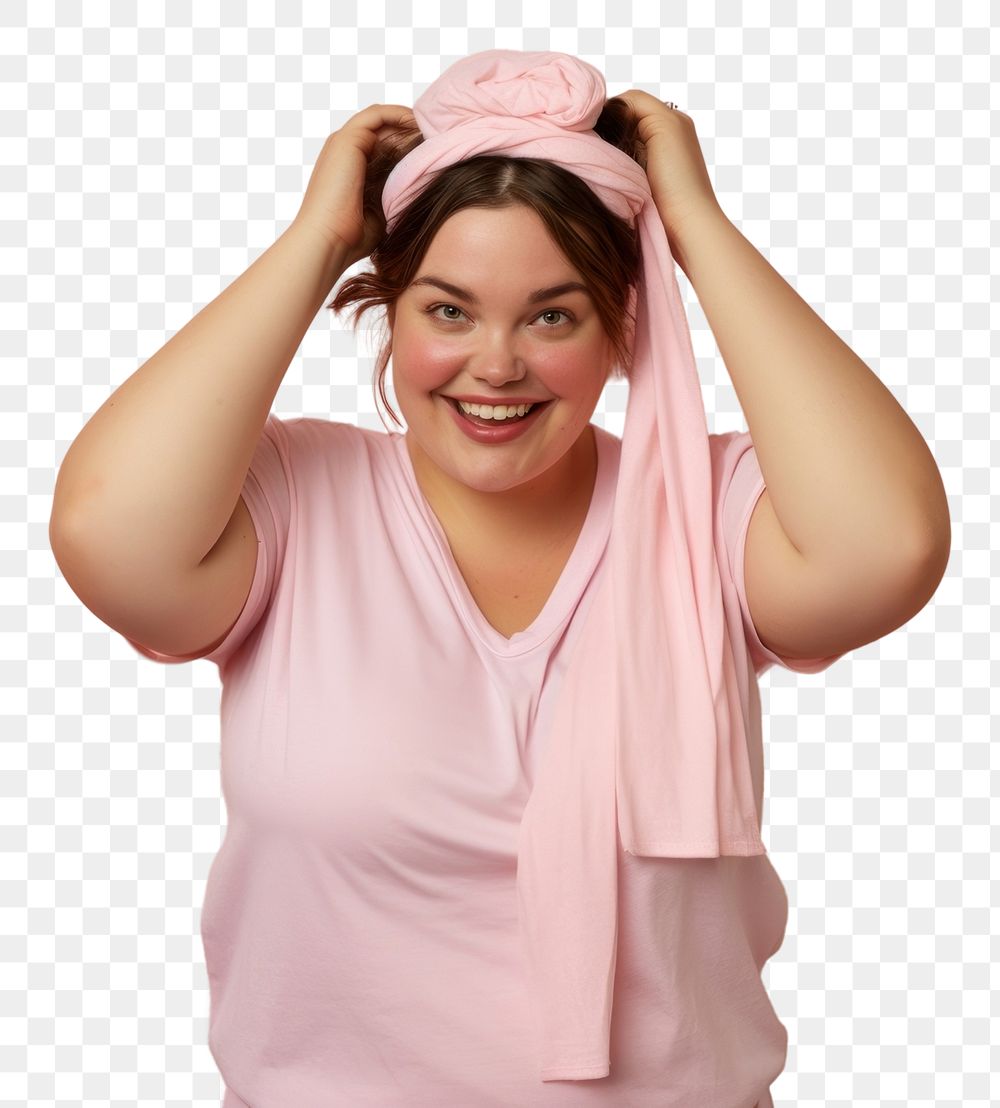 PNG Chubby woman tie her hair with band portrait smile adult. AI generated Image by rawpixel.