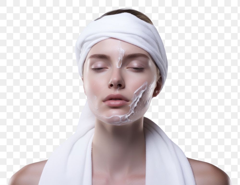 PNG Woman shaving her face with cream by razor portrait adult towel. AI generated Image by rawpixel.
