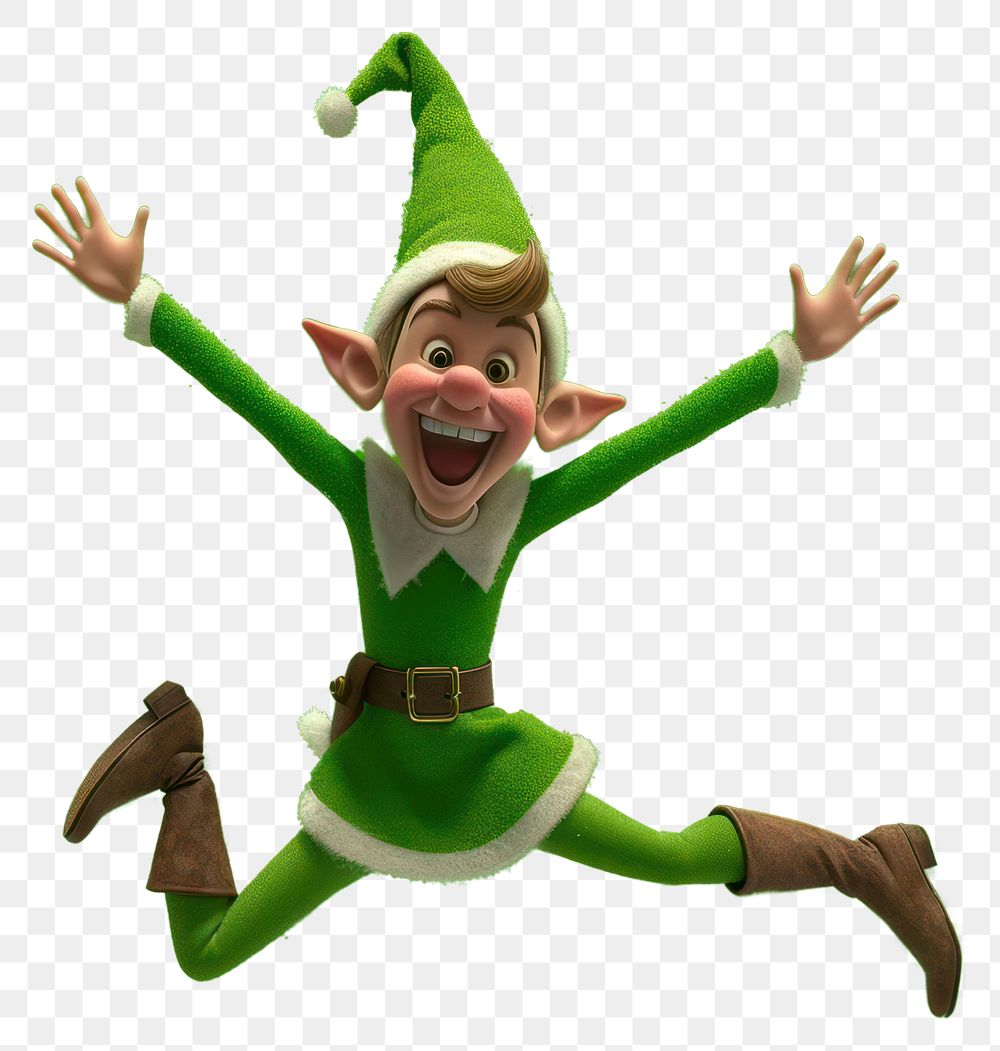 PNG Elf happy jumpping cartoon green elf.