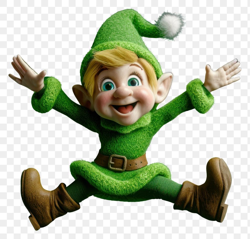 PNG Elf happy jumpping cartoon green toy.