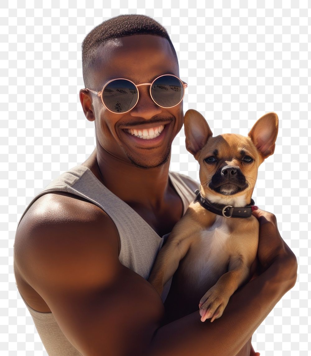 PNG  Man holding their dog beach sunglasses chihuahua.