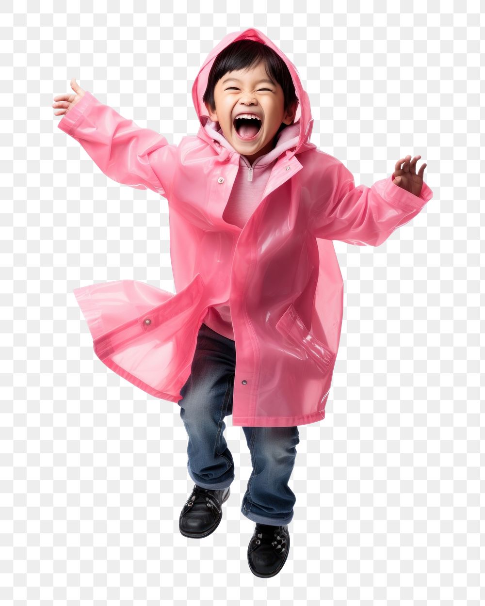 PNG  Kid in raincoat pink white background excitement.