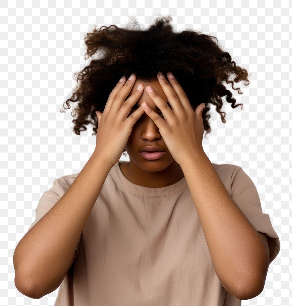 PNG  Woman covering eyes with one hand pain disappointment frustration.