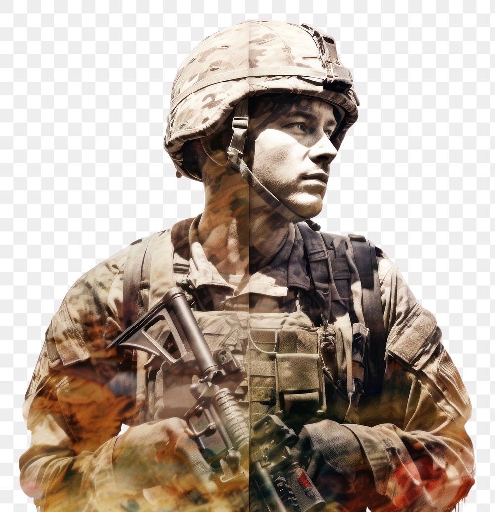 PNG  Double exposure soldier and victory military helmet weapon.