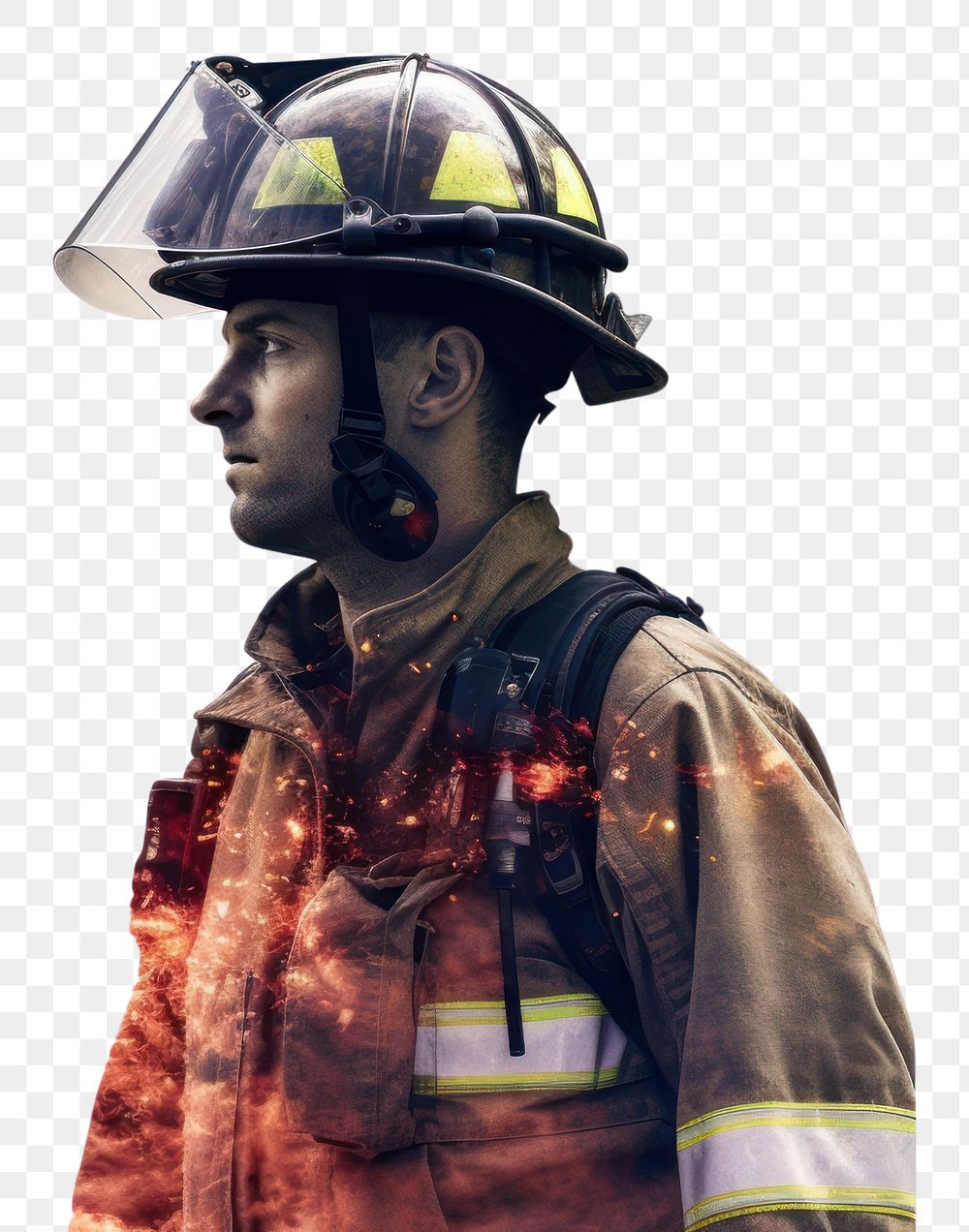 PNG  Double exposure photography fireman and fire helmet adult firefighter.