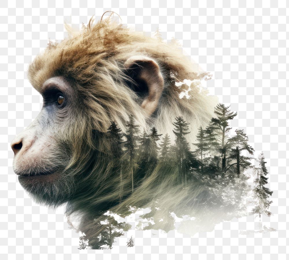 PNG  Double exposure photography monkey and forest wildlife mammal animal.