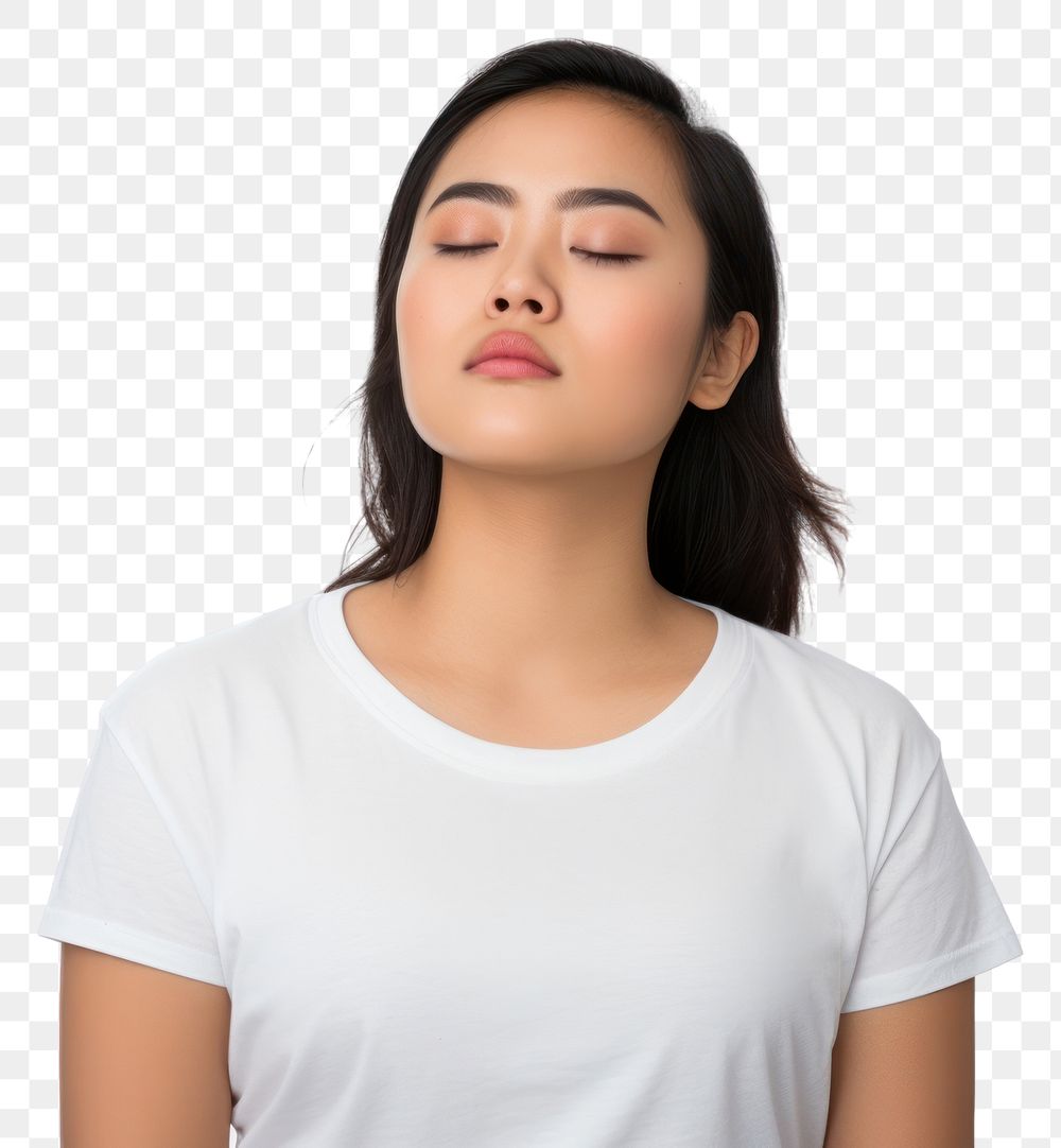 PNG Woman in white t-shirt adult white background contemplation.