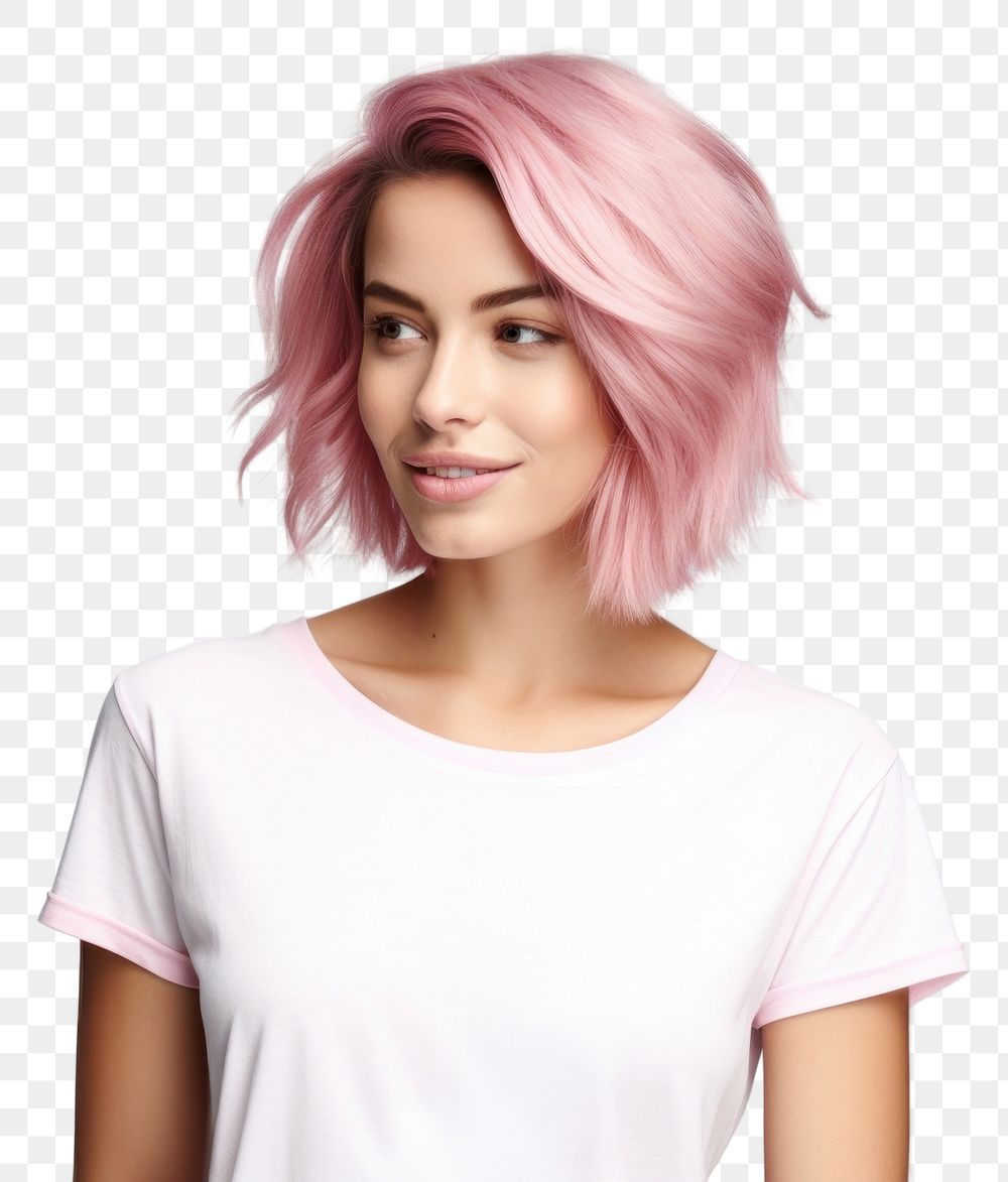PNG Woman in white t-shirt adult pink hair.