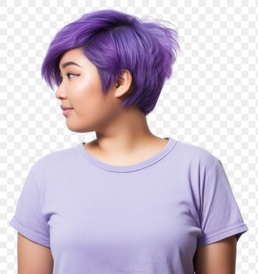 PNG Woman in white t-shirt purple hair white background.