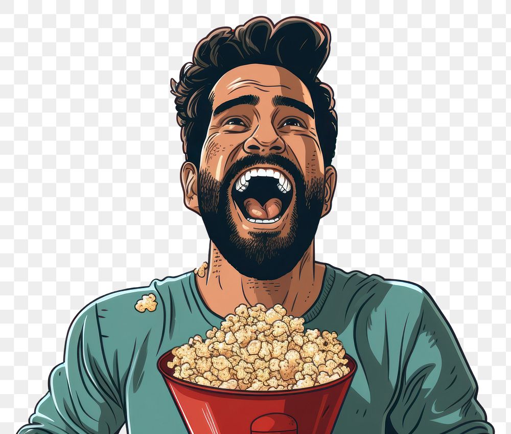 PNG  Indian guy eating popcorn adult happy shouting. AI generated Image by rawpixel.