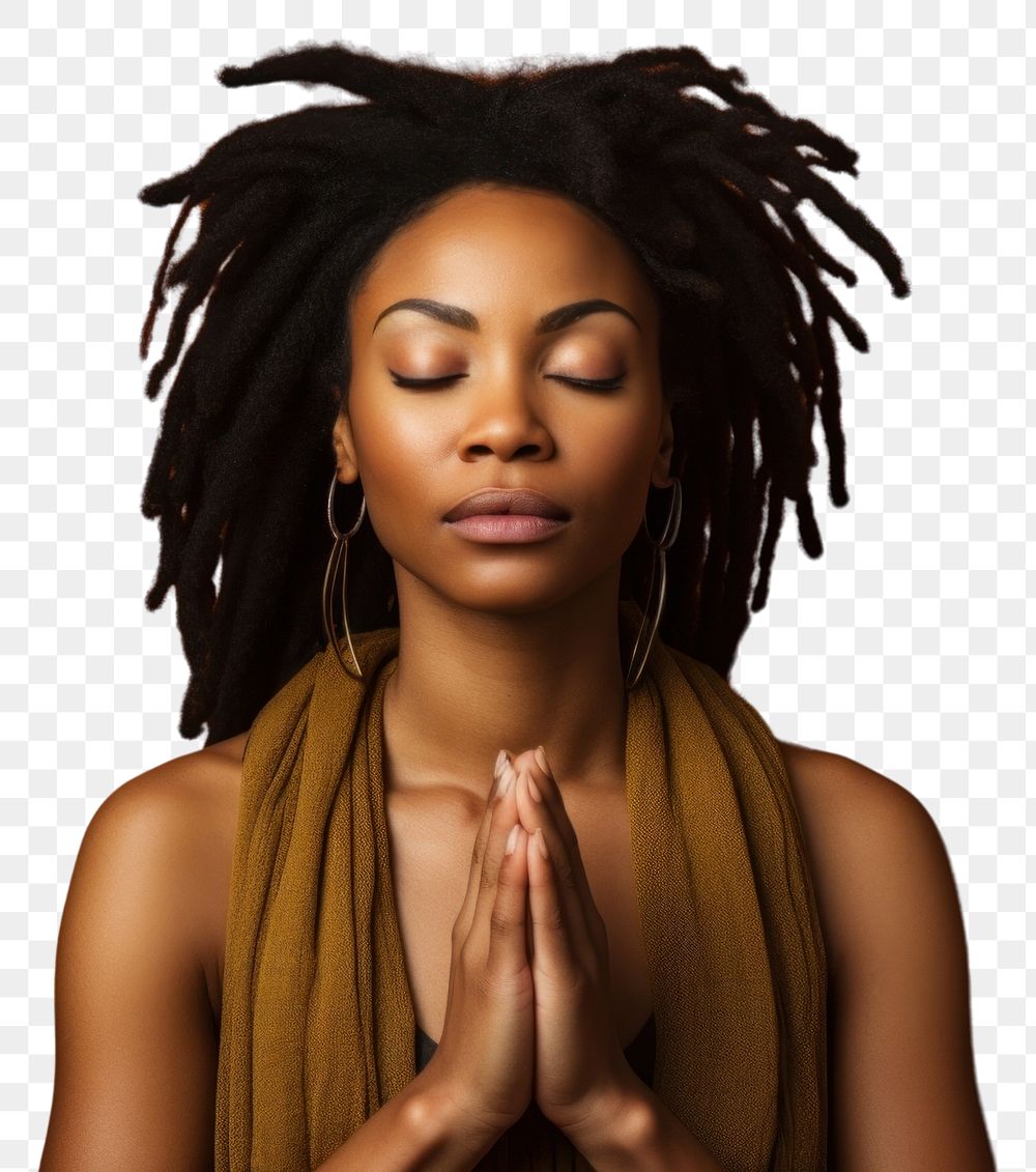PNG  Black woman dreadlocks meditating portrait.