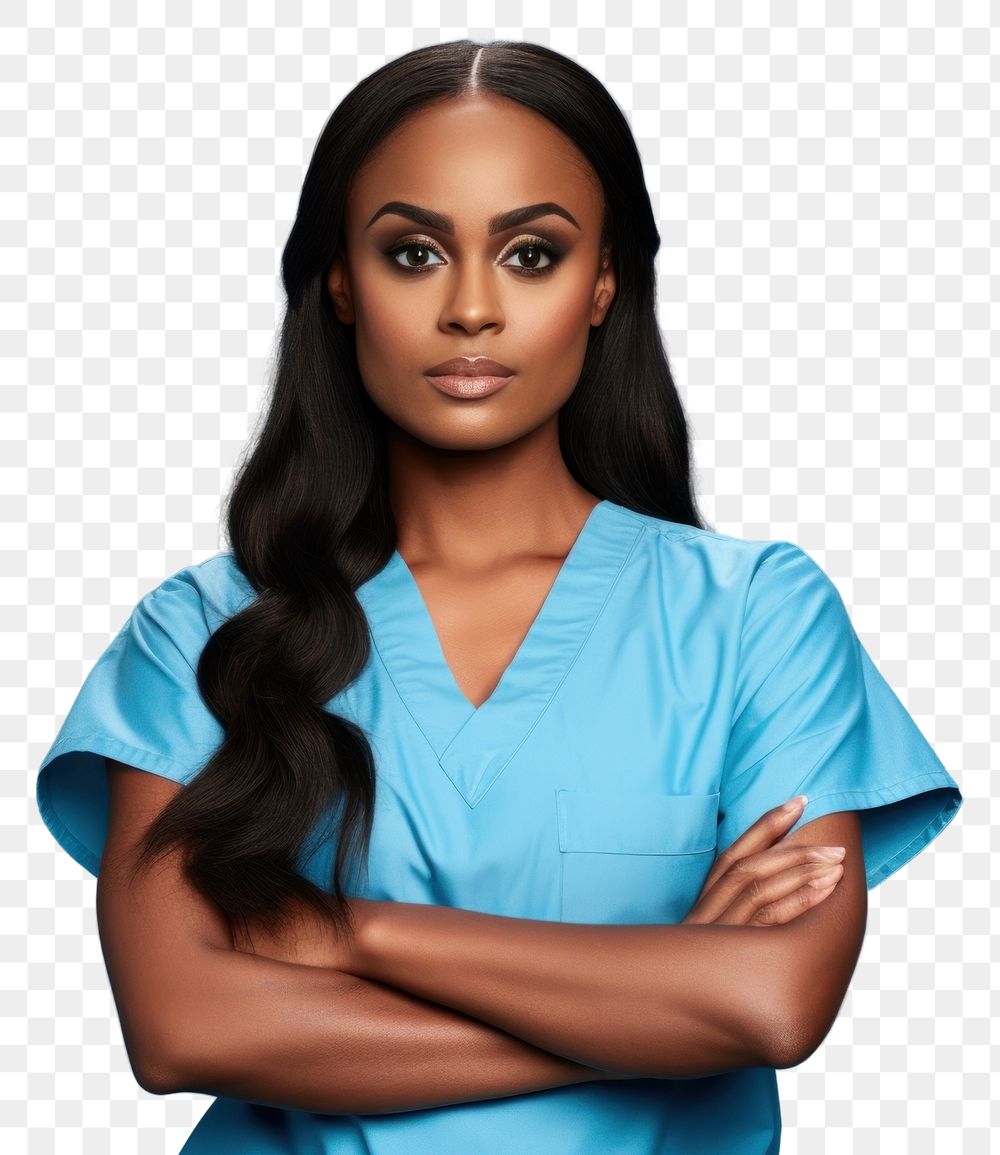 PNG African female doctor looking up with arms crossed adult perfection hairstyle.