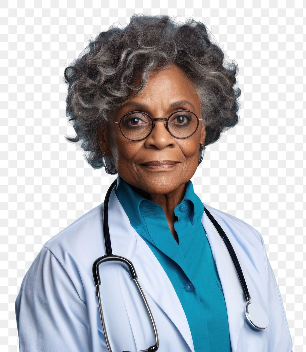 PNG African Old women doctor looking up with arms crossed glasses adult stethoscope.