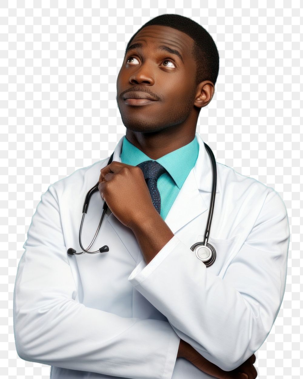 PNG  African Male doctor looking up with arms crossed adult male stethoscope.