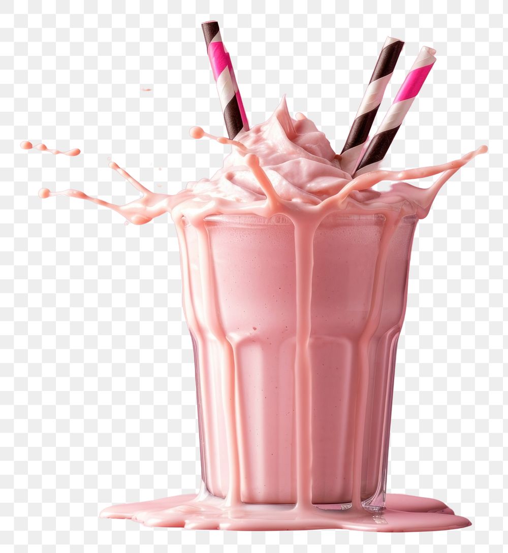PNG Striped straws in a glass of splashing strawberry milkshake refreshment freshness beverage.