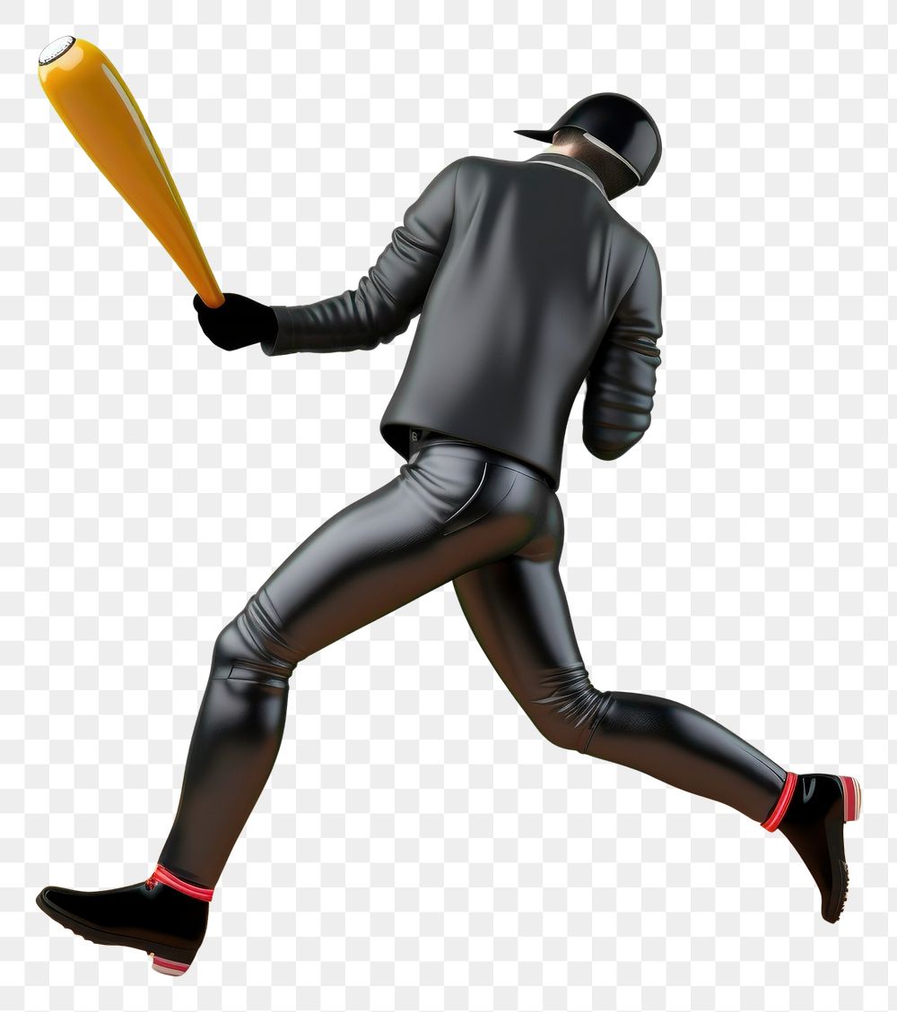 PNG  A man jogging wearing black leather suit holding baseball bat cartoon sports adult. AI generated Image by rawpixel.