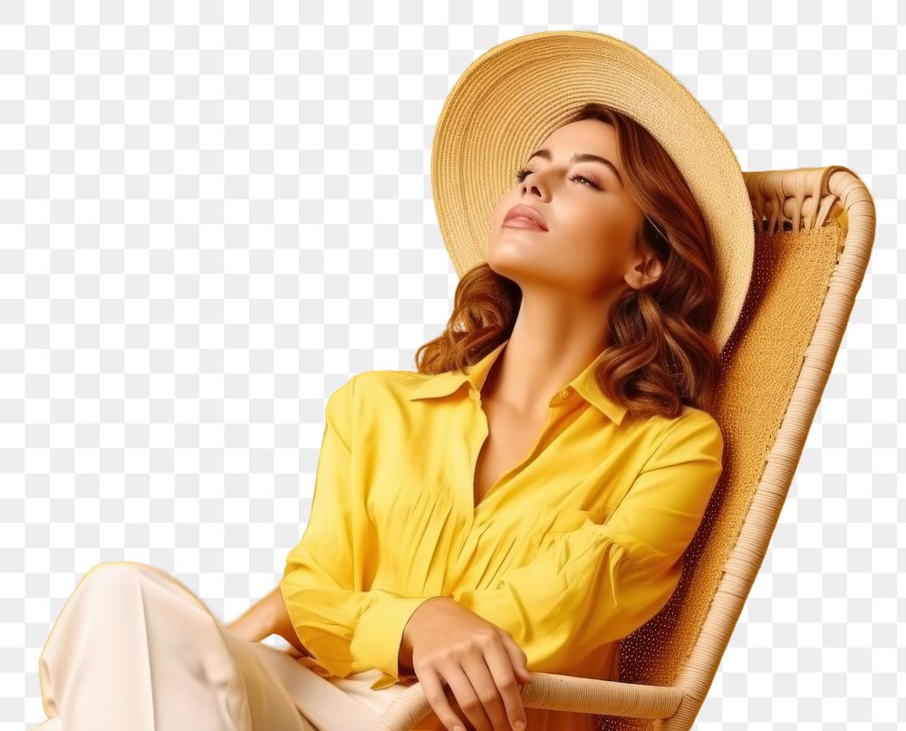 PNG Young calm woman chair sitting yellow.