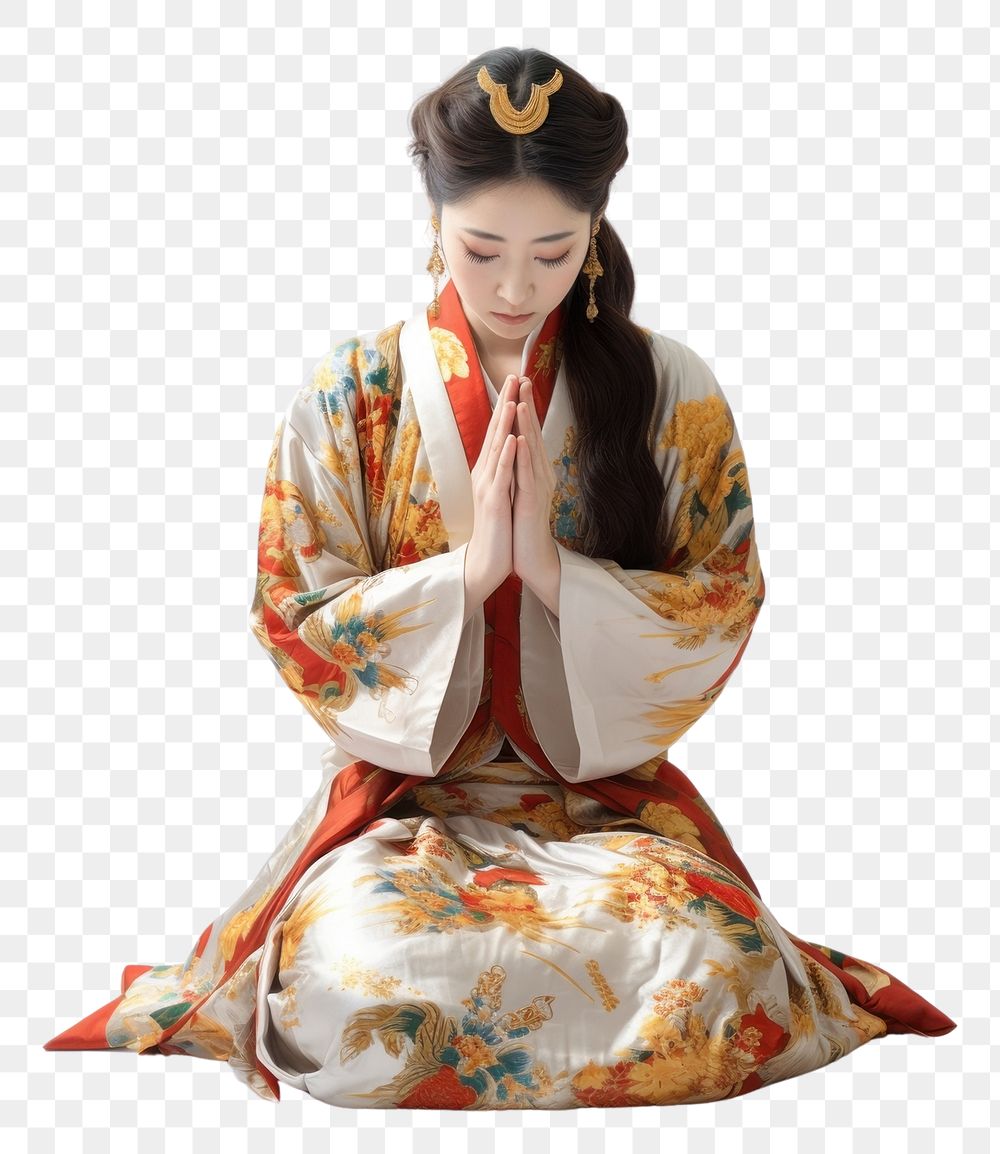 PNG  A Chinese woman wearing traditional attire is praying kimono adult robe. AI generated Image by rawpixel.