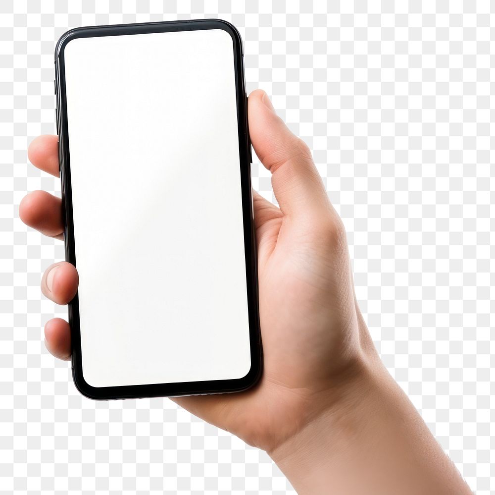 PNG A hand holding a phone with a blank screen ready finger white background photographing. AI generated Image by rawpixel.