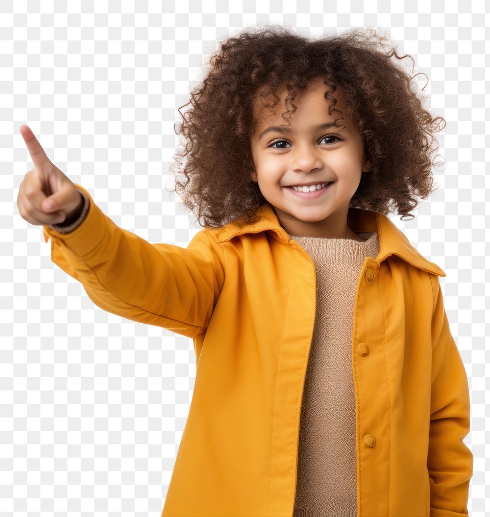PNG A latina brazilian little girl pointing her finger to the side opposite to her cheerful portrait smiling. AI generated…