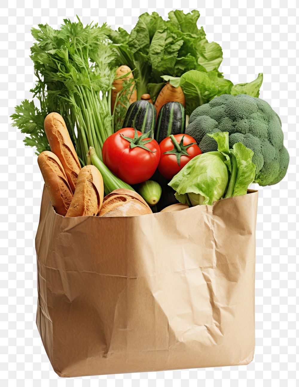 PNG Fresh vegetables and bread in the paper shopping bag food white background freshness. AI generated Image by rawpixel.