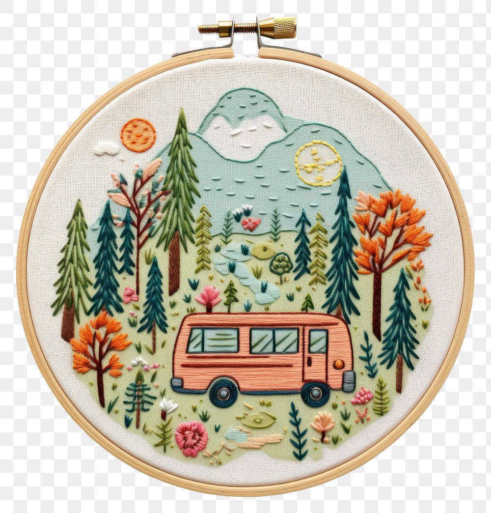 PNG A camping in embroidery style needlework vehicle textile.