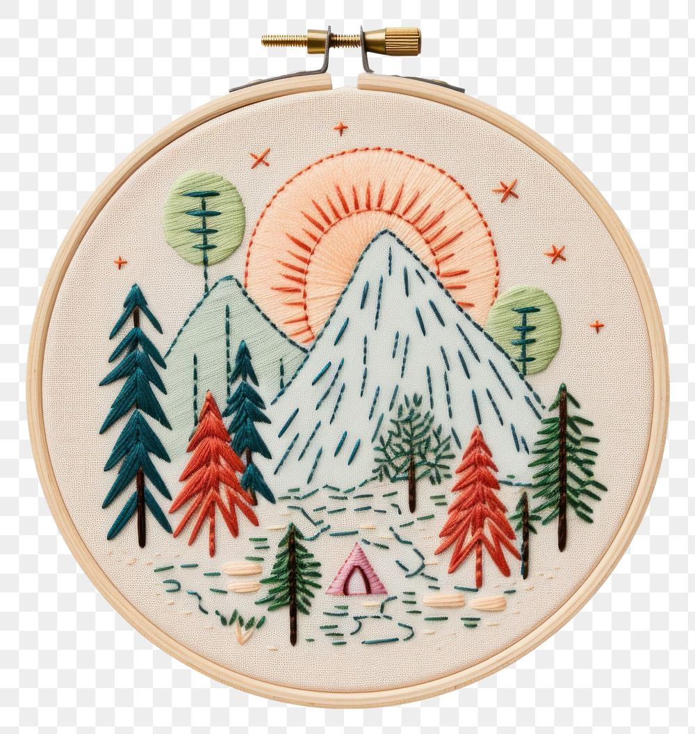 PNG A camping in embroidery style needlework pattern textile.
